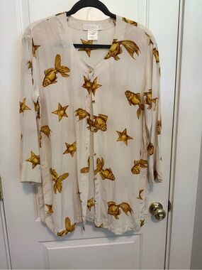 Escada Cream Blouse with Gold Fish & Star Motif - skirt and blouse set- size 36
